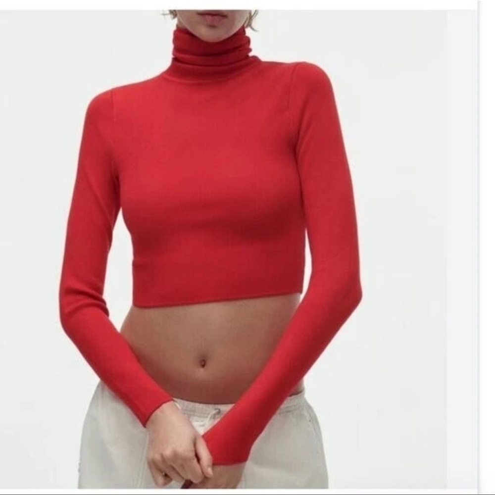 ZARA Turtleneck Red Bloggers Fave Crop Top Ribbed Stretch Sweater Knit Medium